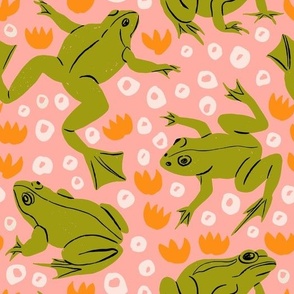 Cute Frog Amphibian Print Adorable Animal  Woodland Lake Theme, Happy Frogs Cartoon on Pink Background