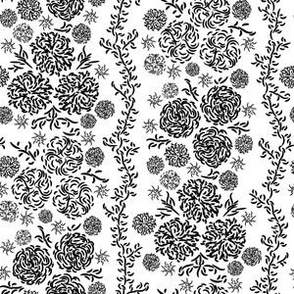 French country botanical stripe in black and white. Small scale