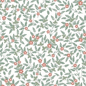 Micro  Art Nouveau Folk Floral in muted green, red and pink