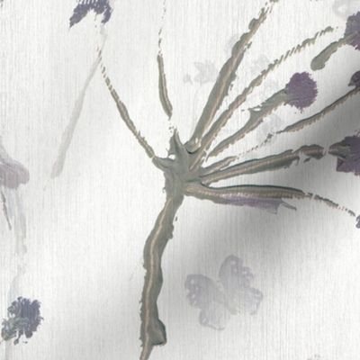 Hand Painted Meadow Floral with Butterflies, White, Sage green and Mauve