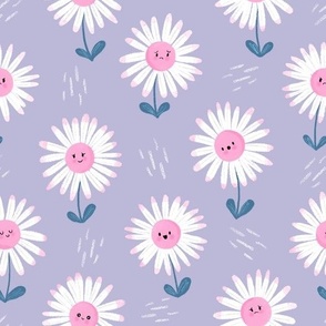 LARGE Cute hand-drawn textured Daisies on a pastel lilac violet background