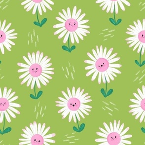 LARGE Cute hand-drawn textured Daisies on a happy pastel green background