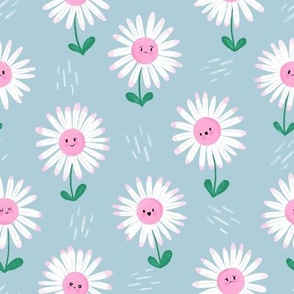 LARGE Cute hand-drawn textured Daisies on a happy pastel blue background