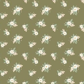 Ditsy Floral Daisies and leaves MINI 2" Olive