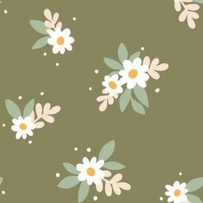 Ditsy Floral Daisies and leaves 6" Olive