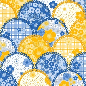 Wildflower Cheater Quilt Top – Blue & Yellow patchwork clamshell scallop vintage floral quilt design 