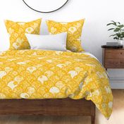 Yellow Wildflower Cheater Quilt Top – patchwork clamshell scallop vintage floral quilt design 