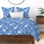 Blue Wildflower Cheater Quilt Top – patchwork clamshell scallop vintage floral quilt design 
