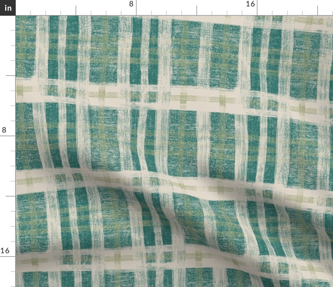 (m) Textured plaid in emerald green, light sage green and linen off white