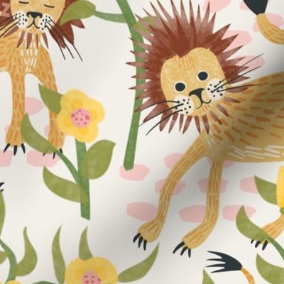 Lions with flowrs (large half drop) (fun designs collection) - lots of big cats with flowers in this watercolor style design.