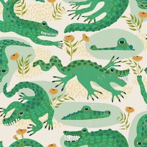 Jazz hand crocodiles with marigold flowers (large half drop) - goofy green crocodiles playing about for this watercolor style floral design.