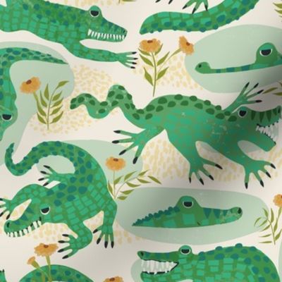 Jazz hand crocodiles with marigold flowers (smaller half drop) - goofy green crocodiles playing about for this watercolor style floral design.