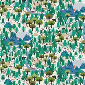 In the forest - (smaller half drop) Bears, birds and deer among the trees for this forest inspired design.  