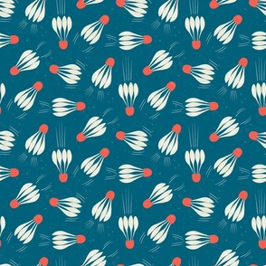 Badminton birdies (smaller shuttlecocks)  flying about for this court based sport design in creams, dark blue and red.