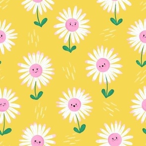 MEDIUM Cute hand-drawn textured Daisies on a happy yellow background