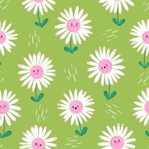 MEDIUM Cute hand-drawn textured Daisies on a happy pastel green background