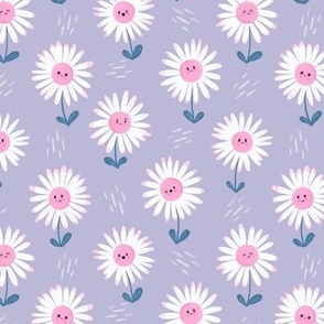 SMALL Cute hand-drawn textured Daisies on a pastel lilac violet background