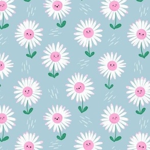 SMALL Cute hand-drawn textured Daisies on a happy pastel blue background