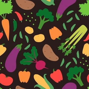 Vegetable Garden  Dark - colorful garden vegetables on dark brown background, organic home grown veggies, farmer's market fresh produce