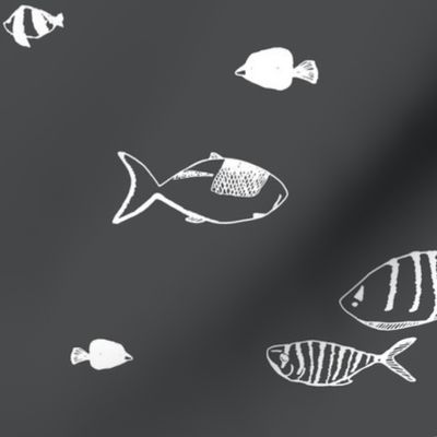 medium - Tropical fish - hand drawn fishes - white on dark shadow gray