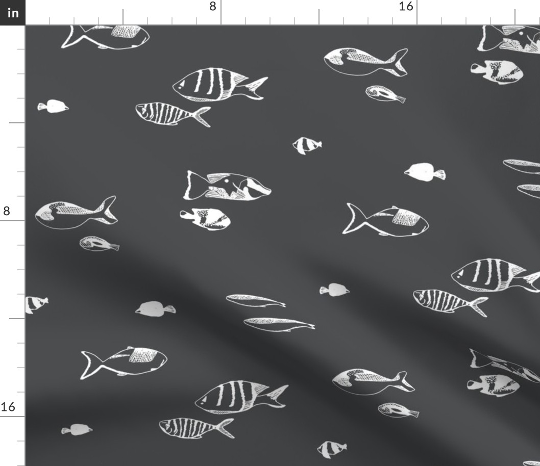 medium - Tropical fish - hand drawn fishes - white on dark shadow gray