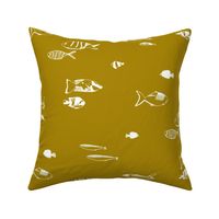 medium - Tropical fish - hand drawn fishes - white on golden brown