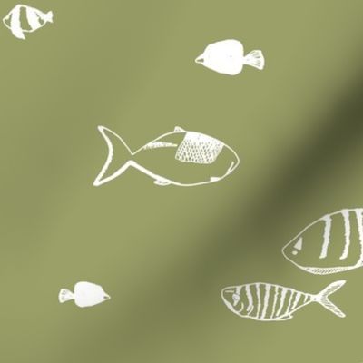medium - Tropical fish - hand drawn fishes - white on light fern green