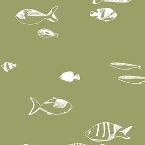 medium - Tropical fish - hand drawn fishes - white on light fern green