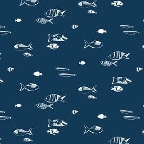 micro - Tropical fish - hand drawn fishes - white on prussian blue