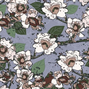 dogwood pattern in green, tan and periwinkle