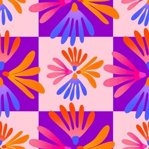 Seventies Style Daisies on Purple Checkerboard 