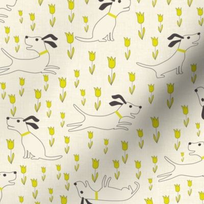 Retro Happy Dogs in Tulips // Citrine and Ivory