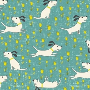 Retro Happy Dogs in Tulips // Teal and Citrine