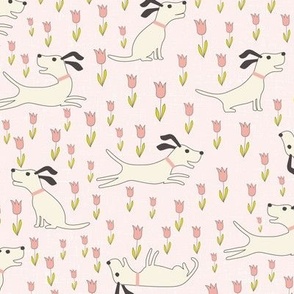 Retro Happy Dogs in Tulips // Pink