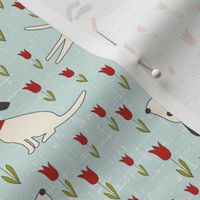 Retro Happy Dogs in Tulips // Red and Blue