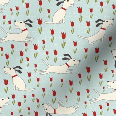 Retro Happy Dogs in Tulips // Red and Blue