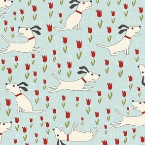 Retro Happy Dogs in Tulips // Red and Blue