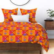 Seventies Style Daisies on Orange and Yellow Checkerboard 