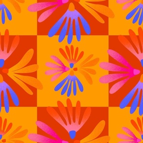 Seventies Style Daisies on Orange and Yellow Checkerboard 