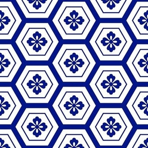 Indigo Blue Antique Japanese Inspired Hexagon Geometric Pattern by Sewell Graphic Arts