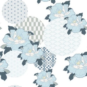 Peonies on Asian Patterns in Light Blue