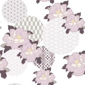Peonies on Asian Patterns in Mauve