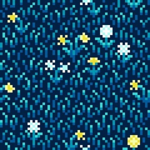 Blue Pixel Art Grass and Dandelion Flowers - 8 Bit - Video Game Style - LARGE Print Version