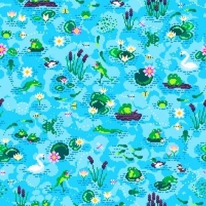 A Very Busy Frog Pond - Pixel Art with Tadpoles and Lily Pads Too