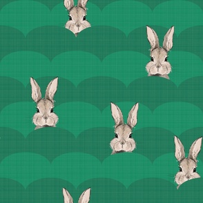 Bunnies on green linen hills - Sweet Rabbits hiding in green  hills - Large