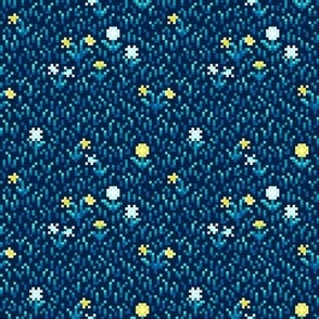 Blue Pixel Art Grass and Dandelion Flowers - 8 Bit - Video Game Style - Small Print Version