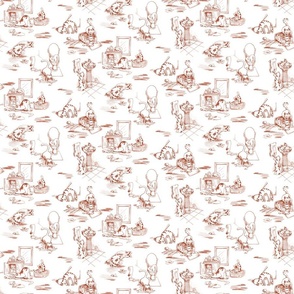 Kitty Cats Bathroom Toile -- Brown Tones Toilet Toile with Playing Cats -- Brown Cats Bathroom Wallpaper Delight -- cattoile kct002 -- 12in x 10.29in repeat -- 600dpi (25% of Full Scale)