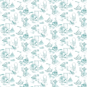 Kitty Cats Bathroom Toile -- Teal Blue Tones Toilet Toile with Playing Cats -- Teal Blue Cats Bathroom Wallpaper Delight -- cattoile kct001 -- 12in x 10.29in repeat -- 600dpi (25% of Full Scale)