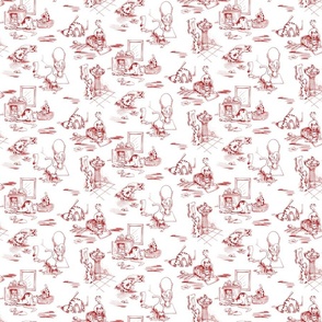 Kitty Cats Bathroom Toile -- Dark Red Toilet Toile with Playing Cats -- Dark Red Cats Bathroom Wallpaper Delight -- cattoile kct004 -- 12in x 10.29in repeat -- 600dpi (25% of Full Scale)