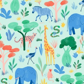 Safari Animals - Elephant, giraffe, zebra, Cheetah - Multicolours on Green - Small Print